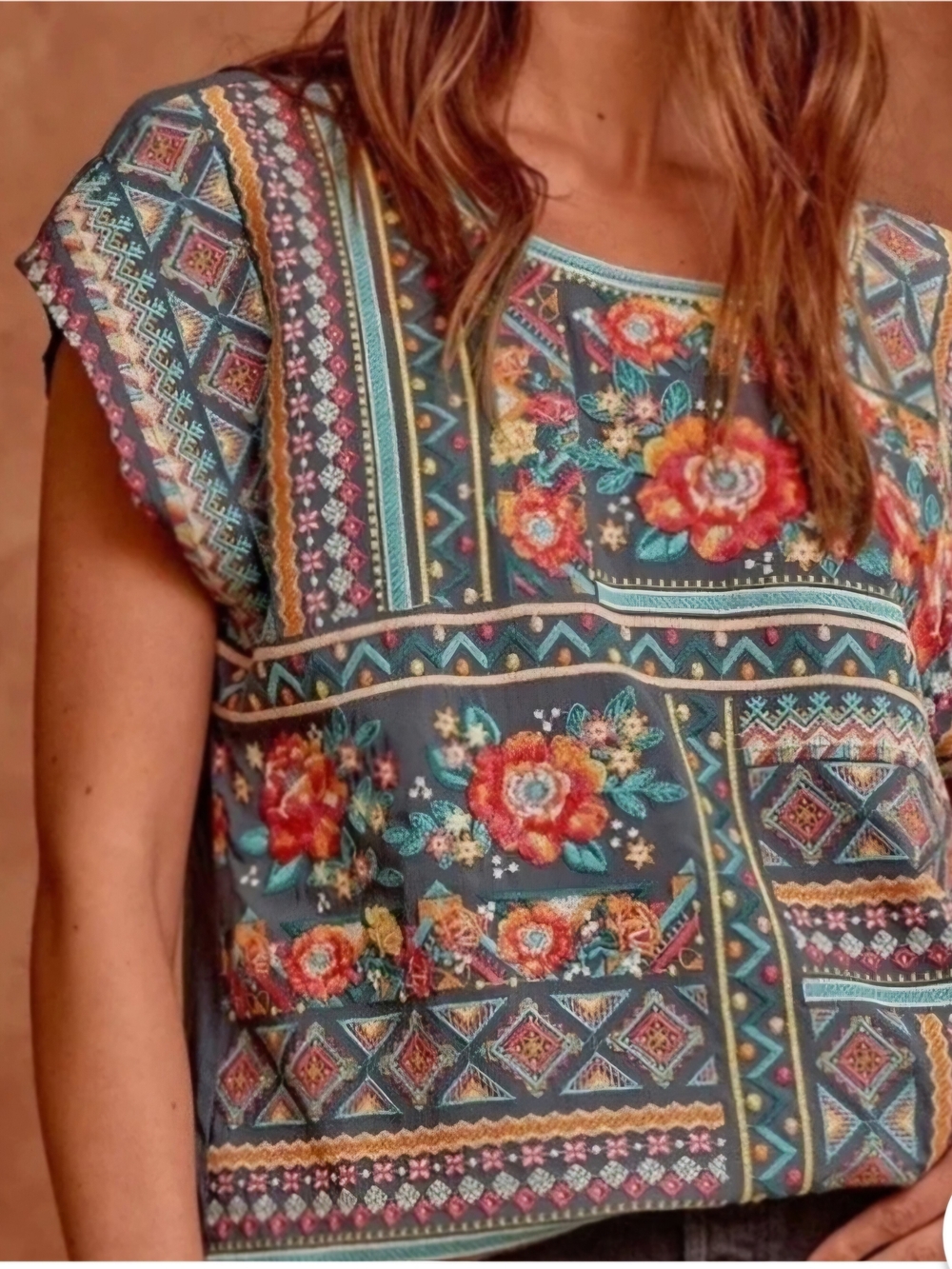 Savanna Jane Teal Floral Patchwork Cap Sleeve Top